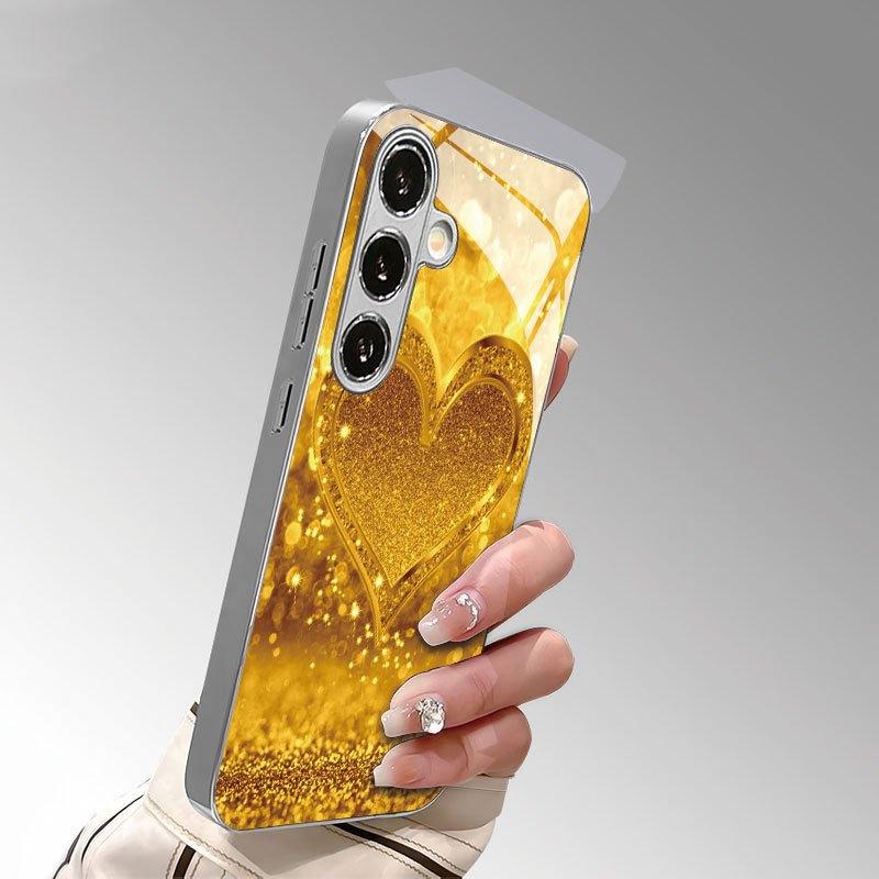 Pozłacany szklany etui na telefon do Samsung Galaxy S26 S25 S24 S23 i S22 Ultra Plus. Błyszczące złote serce.