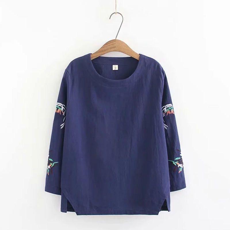 Blouse Women Linen T Shirt Long Sleeve Ladies Plus Size Top Tunics O Neck Solid Color Casual Clothes