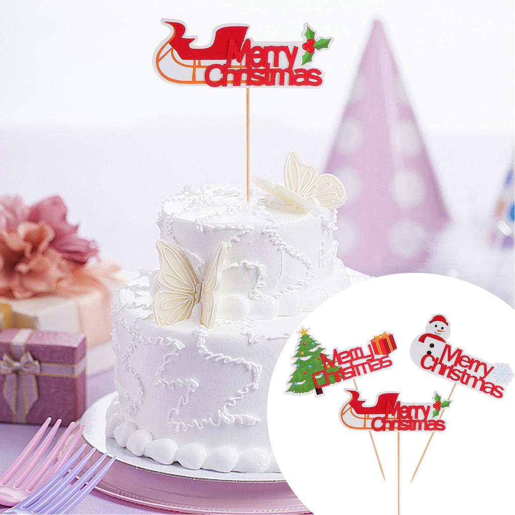 12Pcs Xmas Bell Cake Topper Sled Theme Premium Paper Wood Dessert Adornment Funny Cartoon Shape Bright Cake Ornament
