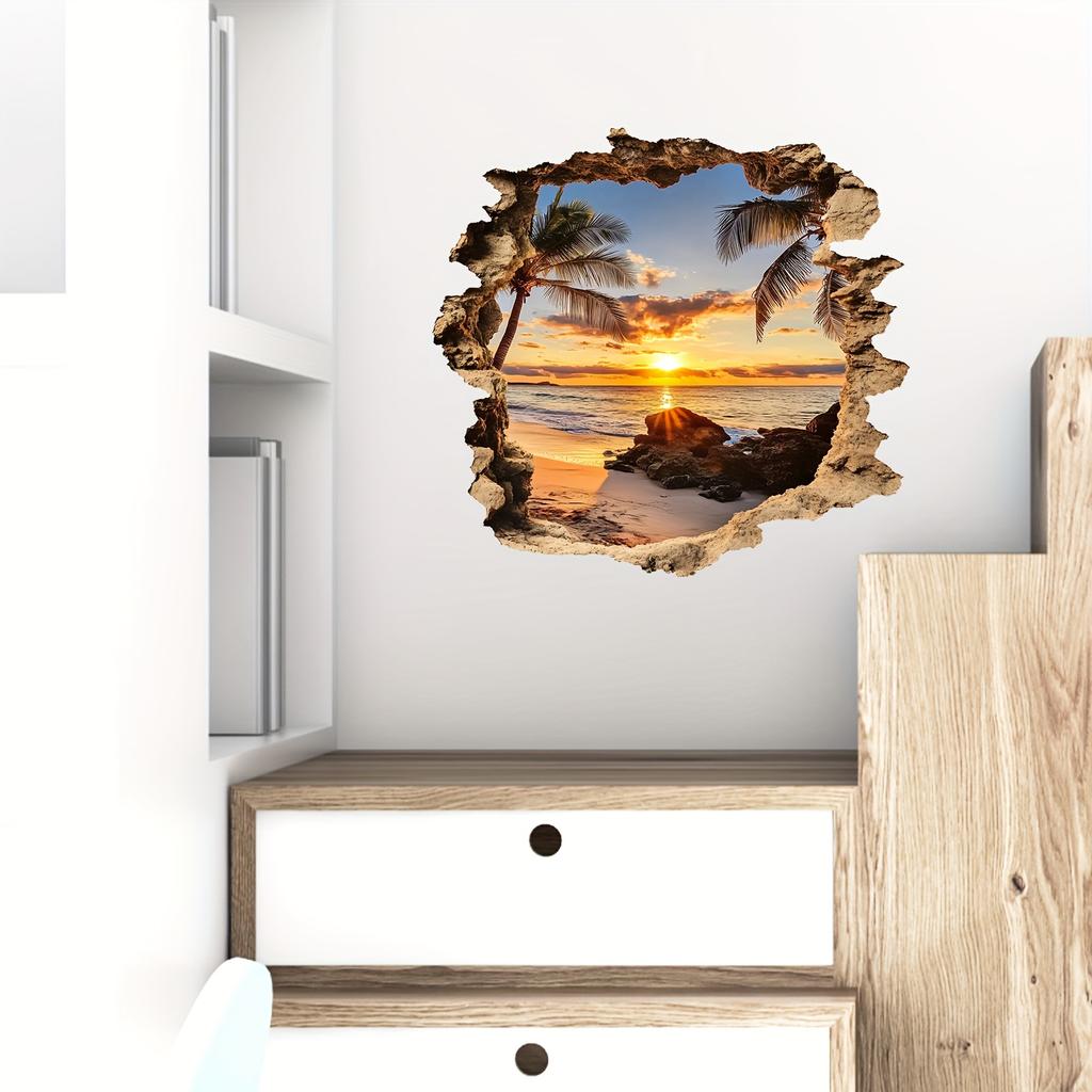 3D Break Through The Wall Beach Ocean Landscape Wall Decal Lifelike Wall Sticker PVC Irregular Shape Mural Background Wall Decor