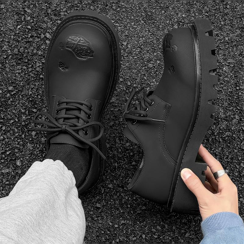 Men's Street Style Black Leather Shoes with 5CM Thick Sole Height Increasing Anti-Slip Platform Casual Daily Outdoor Wear Shoes