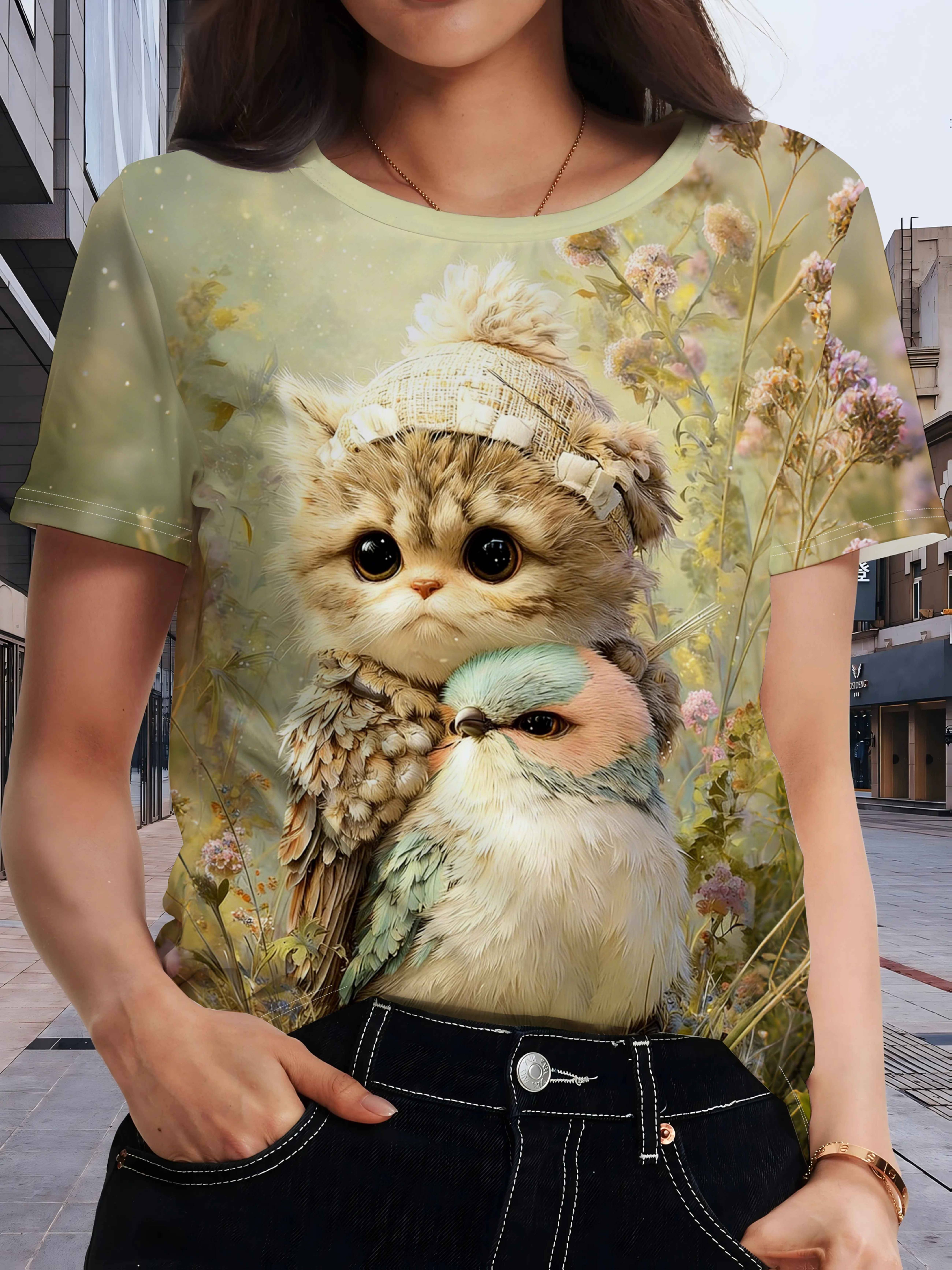 

Standard Size Women s Forest Cat and Bird Printed Short Sleeved T-shirt for Women s Summer Loose Round Neck Top. Floral Landscape Casual T-shirt 3XL дубильная кора