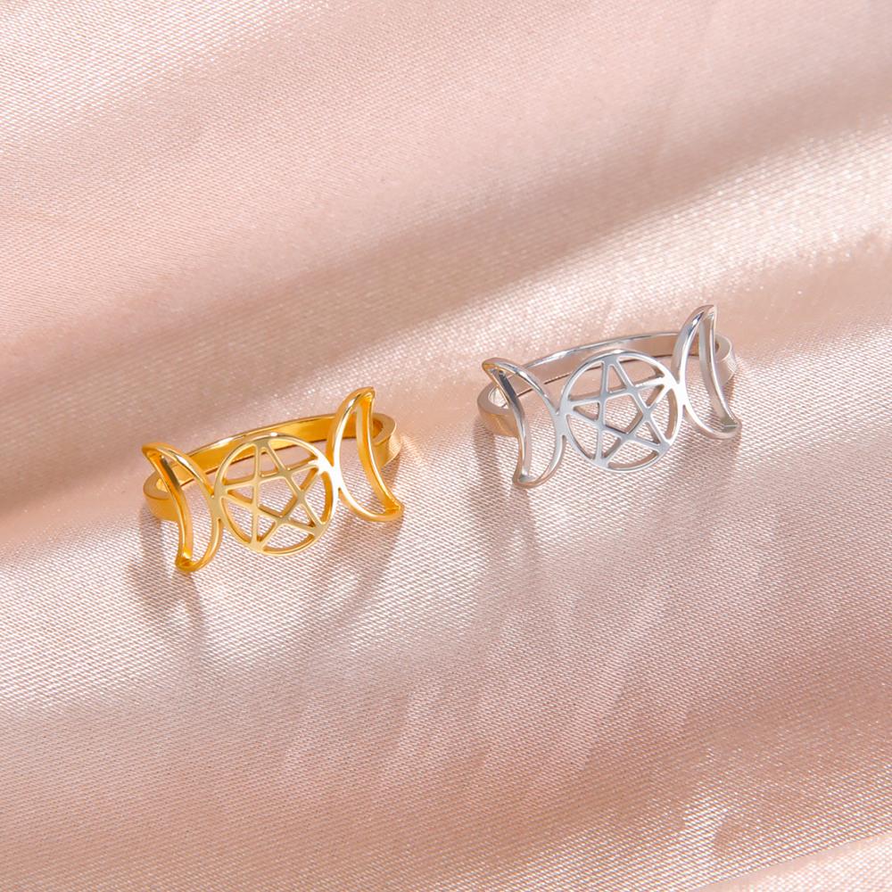 LIKGREAT Triple Moon Pentagram Ring for Women Stainless Steel Finger Ring New In Supernatural Pentacle Wicca Amulet Jewelry Gift