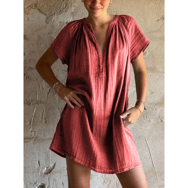 BITCED Fashion Summer Spring Solid Color Print Short Sleeve V-Neck Casual Dresses