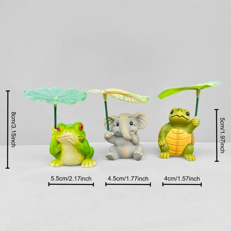 Cute Animal Figurines Set With Umbrella-Elephant,Turtle,Frog Garden Ornaments, Whimsical Desk Decor For Aquarium&Home Decor Gift