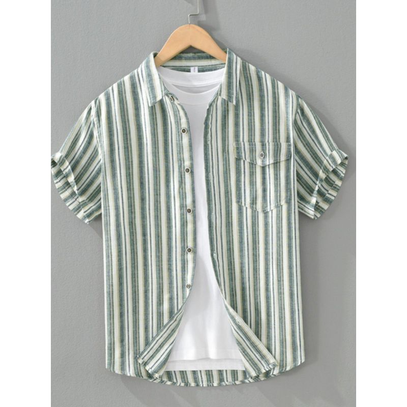 Fresh Breathable Color Matching Stripe Linen Short sleeve Shirts Men's Summer Casual Half Sleeve Japan fashion Retro Cotton and Linen Shirt