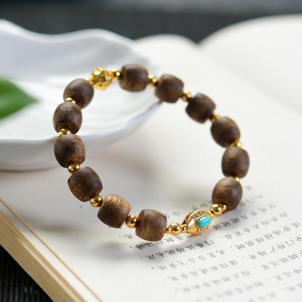 Natural Agarwood Yingge Beads Bracelet with 925 Silver Spacers