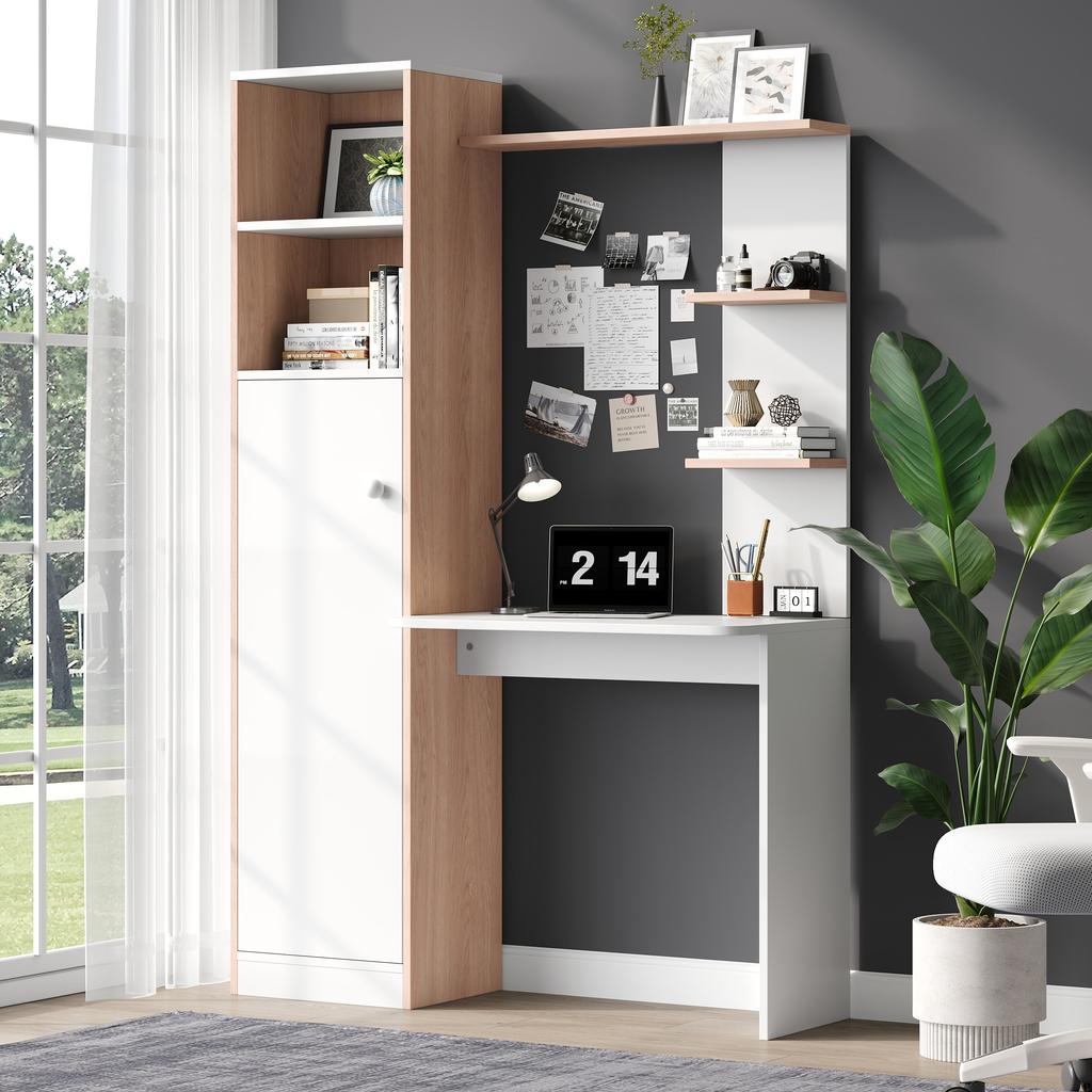 Work Table/Desk with Storage – White with Wood-Strip Contrast, lower cabinet with doors and upper open shelf, office design, 123.5x45x168.5 cm