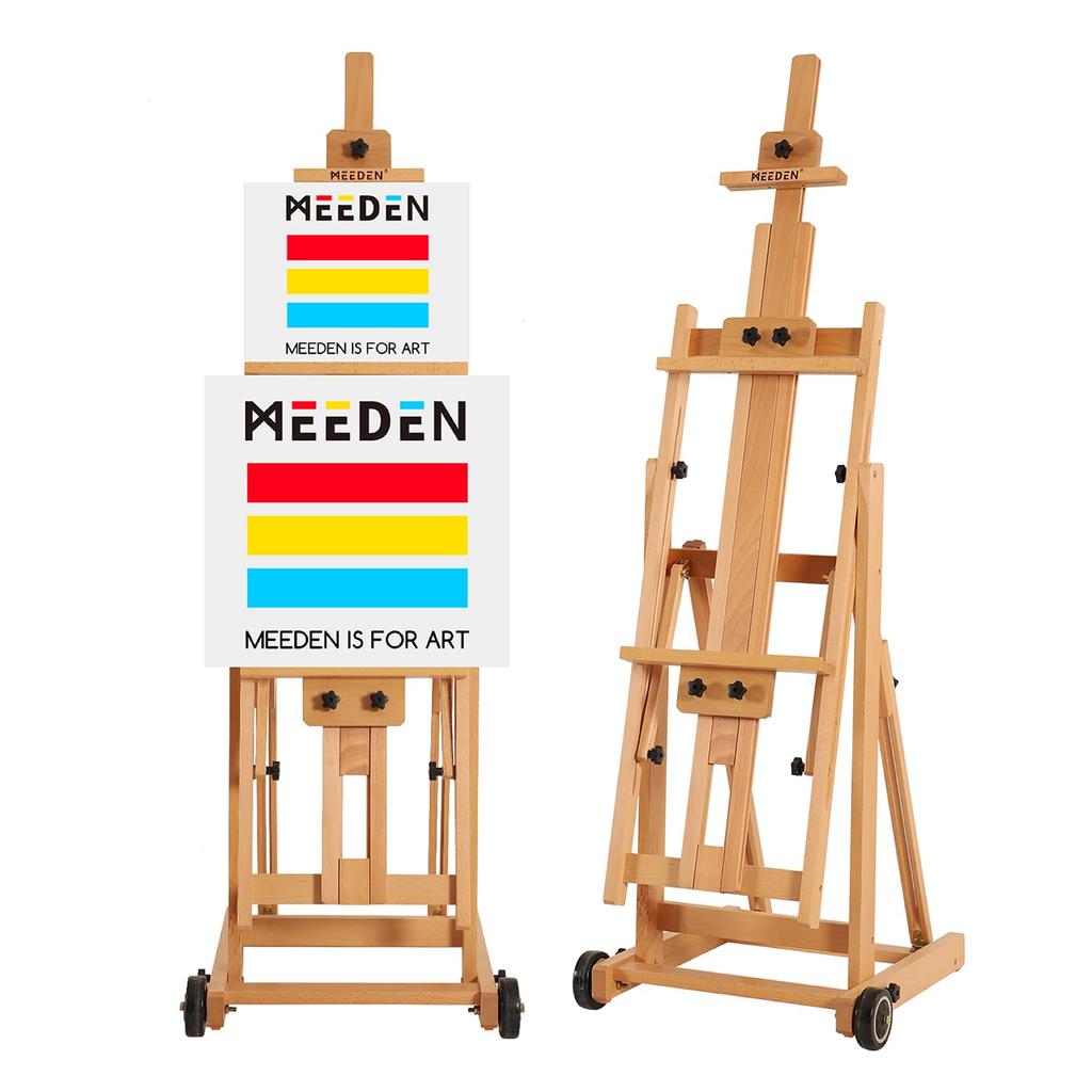 MEEDEN Easel Beech Wood Large Easel Angle Adjustable Horizontal Painting Movable Vertical Storage Supports 2 Stretched Canvases Up To 196cm Stretched