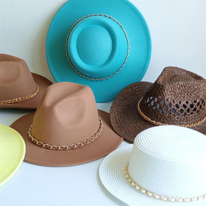 Yellow Fashion Fedora Hat With Colorful Chain 9.5Cm Wide Brim Hat For Women Winter Men'S Hat Cowboy Felt Hat Sombreros