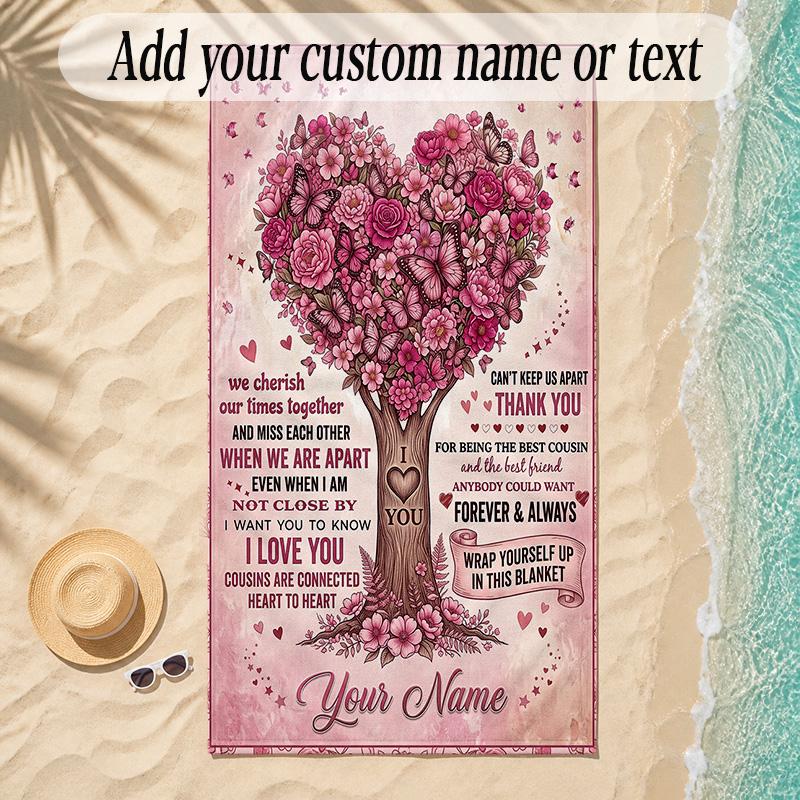 Hearts Theme Soft Beach Towel Personalized Custom Name Text Towel Portable for Beach Pool Travel