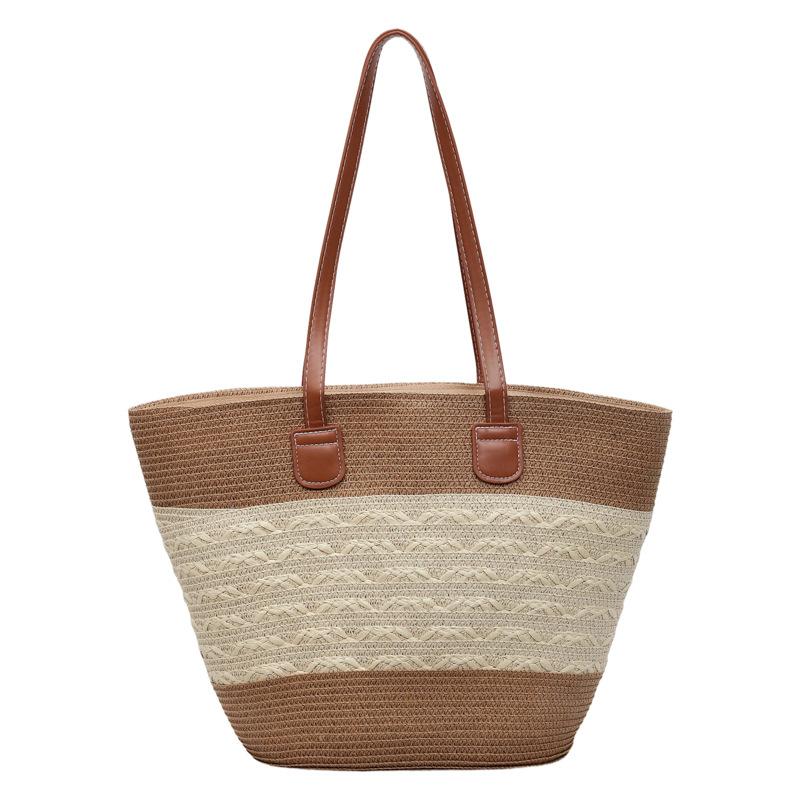 Плетеная соломенная сумка-тоут ручной работы с кожаными ручками, плетеный узор, летняя пляжная сумка, повседневная сумка