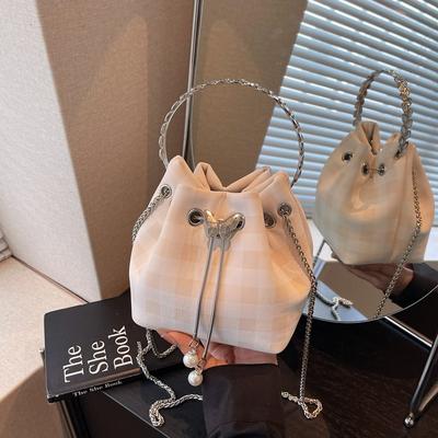 Plaid Bag Women's Summer New Fashion Niche Chain Messenger Bag Drawstring Pleated Bucket Bag