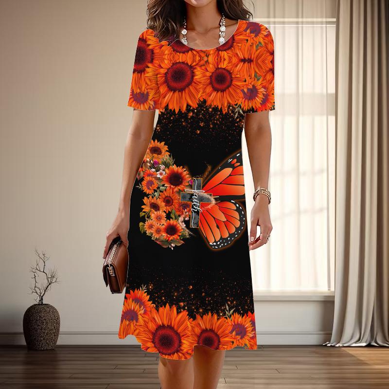 Damenmode Anmutige Blumen- und Schmetterlingsdruck Sommer Frühling Kurzarm O-Ausschnitt Freizeitkleider