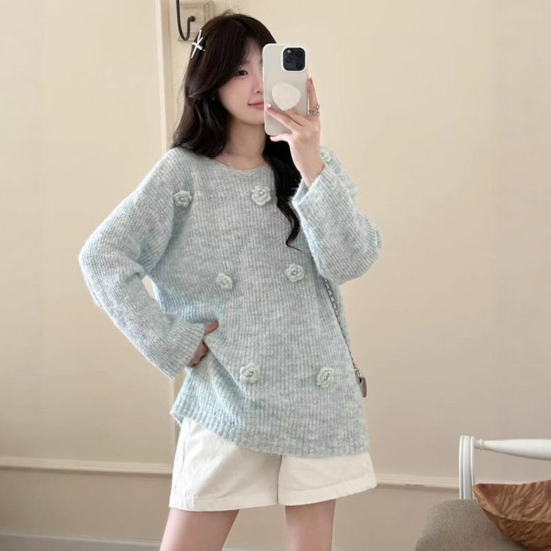 Autumn and winter new soft waxy loose three-dimensional flower knitted sweater top sweet gentle wind sweater pullover woman