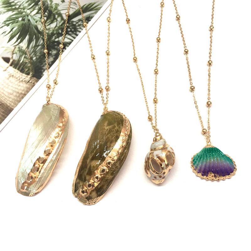 Natural Gold-Plated Conch Pendant Necklace - Colorful Shell & Clavicle Design