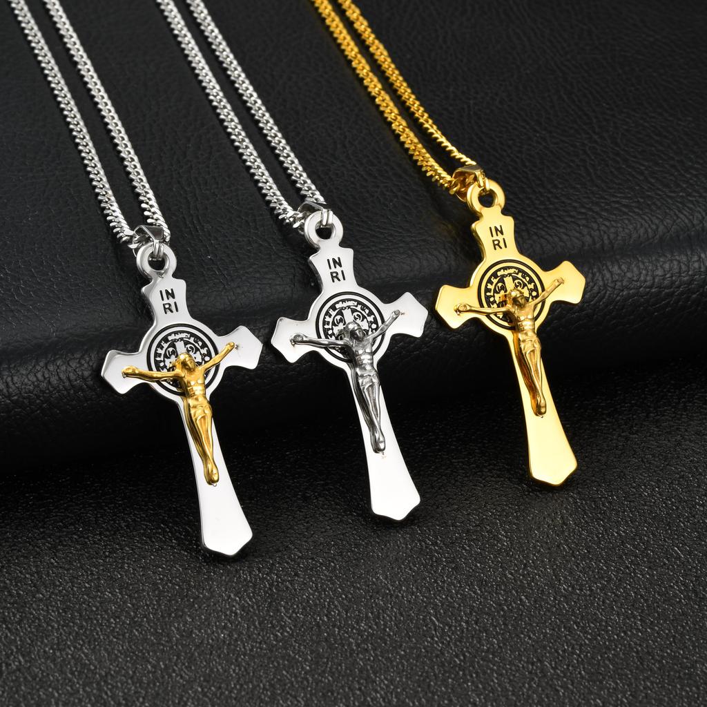 Vnox Saint Benedict Catholic Cross Pendant Necklace for Men Women, 50/60/70cm Stainless Steel Link Chain, Religious Jewelry Gift