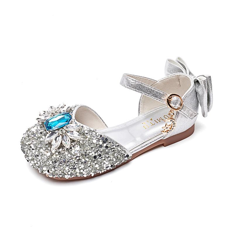 Girls princess shoes 2025 new silver soft sole children's crystal shoes summer bag head rhinestone girls shoes performance shoes