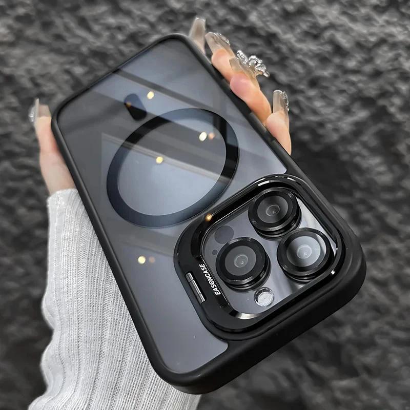 Luxury Magnetic Shockproof Case For iPhone 16 15 14 Plus 13 12 11 Pro Max For Magsafe Funda Stand Glass Lens Protecte Back Cover