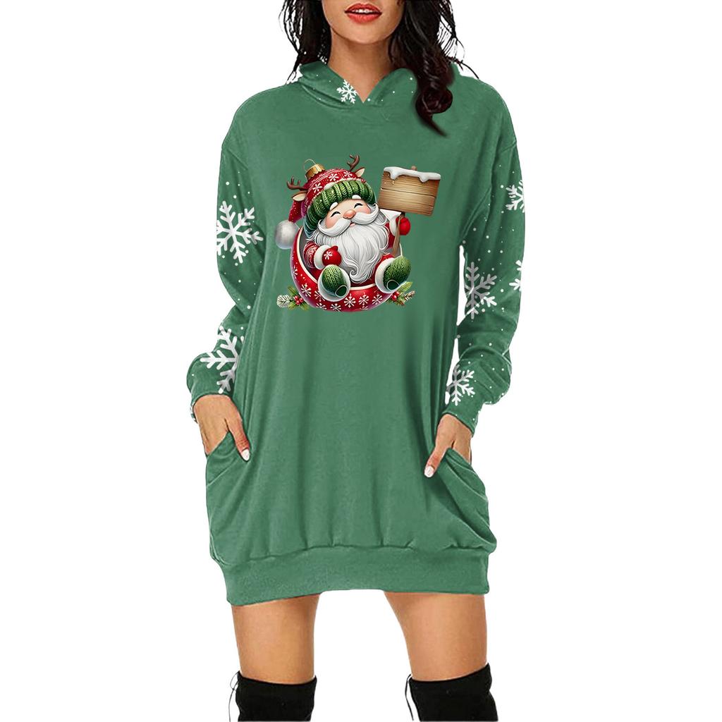 Rochie Pulover cu Glugă și Mâneci Lungi cu Buzunar și Imprimeu de Crăciun pentru Femei