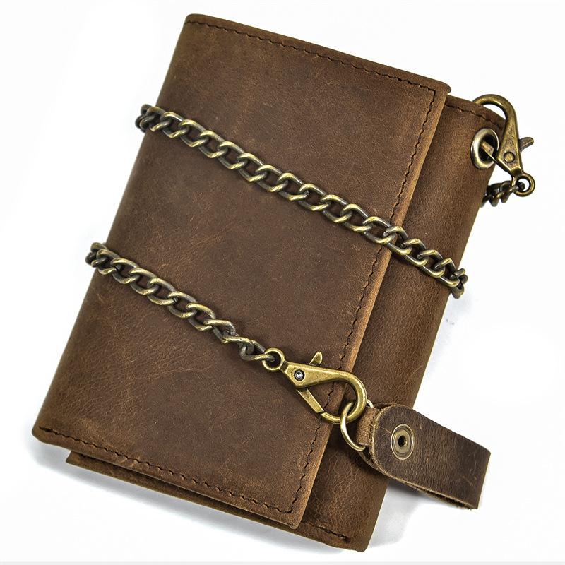 Vintage Genuine Leather Men Wallet Crazy Horse Leather Male Cowhide Trifold Card Holder Wallet with Metal Chain