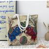 Ethnic Style Elephant Embroidered Canvas Shoulder Bag With Cotton Rope Strap For Casual Travel