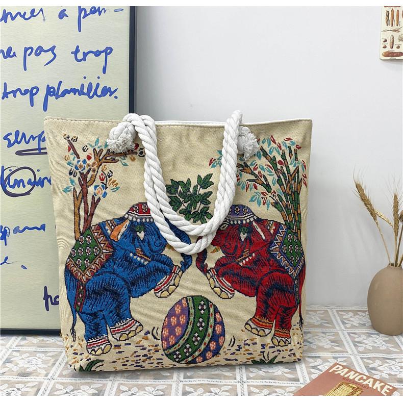 Ethnic Style Elephant Embroidered Canvas Shoulder Bag With Cotton Rope Strap For Casual Travel