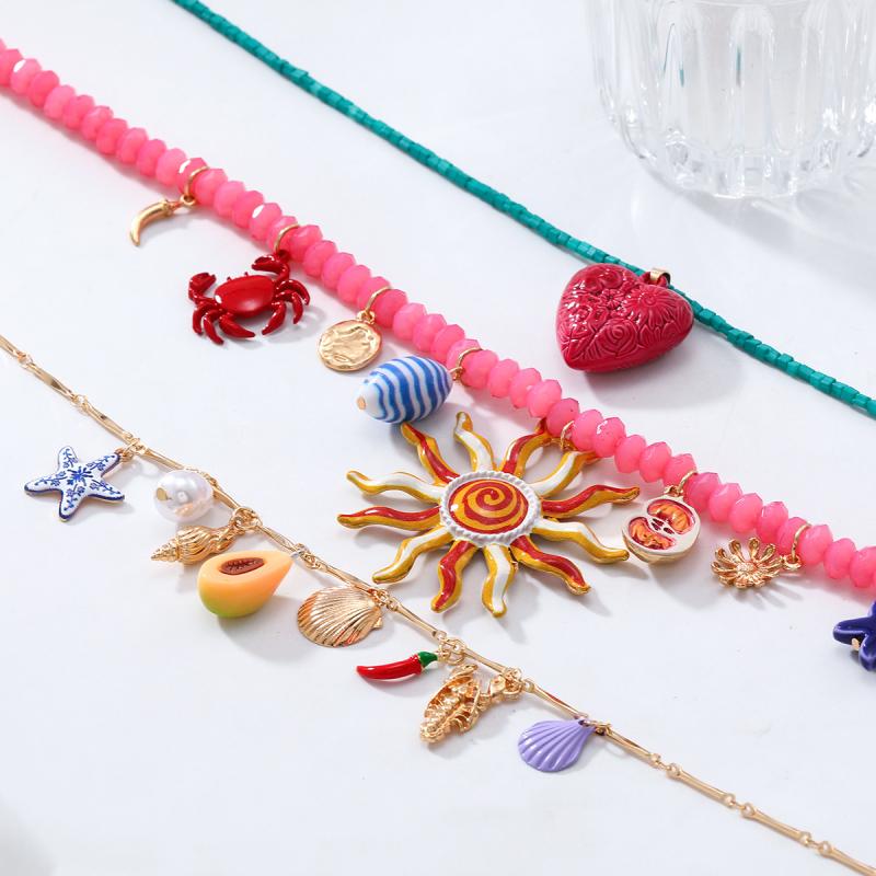 3Pcs/Set  Colorful Resin Beaded Charms Necklaces For Women Summer Ocean Vacation Style Party Jewelry Neck Accessories