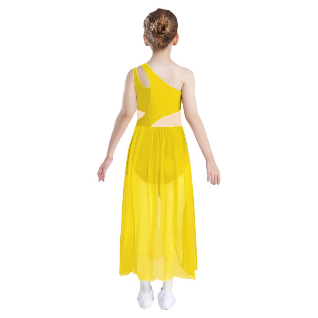 Mädchen Lyrical Tanzkostüm Glänzende Strasssteine Ein Schulter Ärmellos Cutout High Low Fließendes Netzkleid Tanzkleidung
