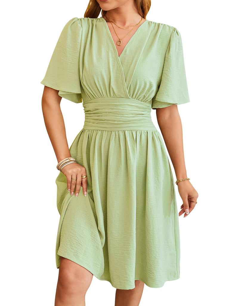 2024 Spring/Summer Women's V-Neck Waist-Cinching Flared Sleeve Dress