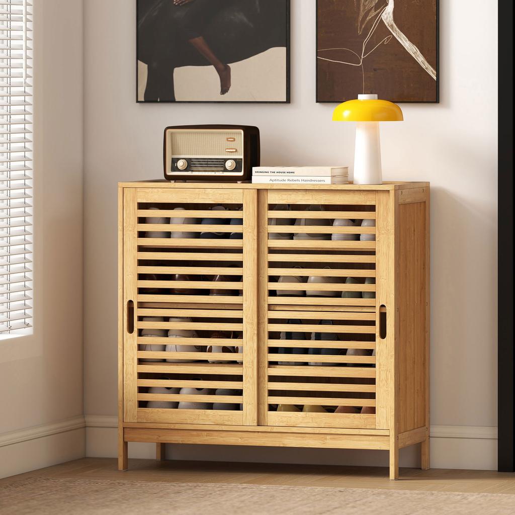 Bamboo Shoe Cabinet for 16 Pairs, 2 Sliding Doors, Adjustable Shelves, Natural Wood