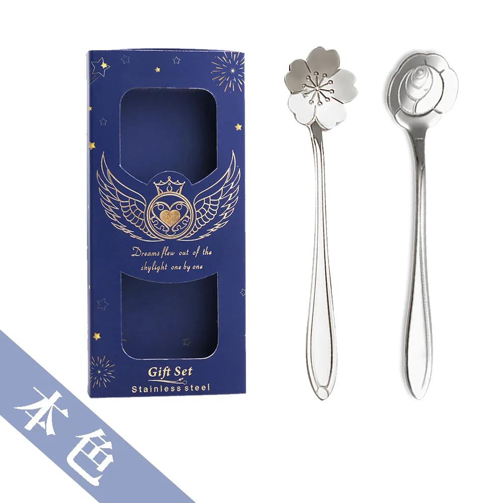 2Pcs/set Creative Stainless Steel Flowers Shape Dessert Spoons Kids Sugar Spoons Set Kitchen Accessories Wedding Gift Box Set