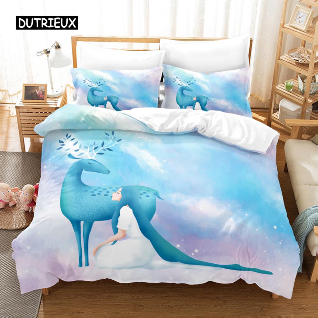 Deer Duvet Cover Set Wild Forest Animal Bedding Set Natural Bedclothes Kids Teens Double Queen King Size Polyester Quilt Cover