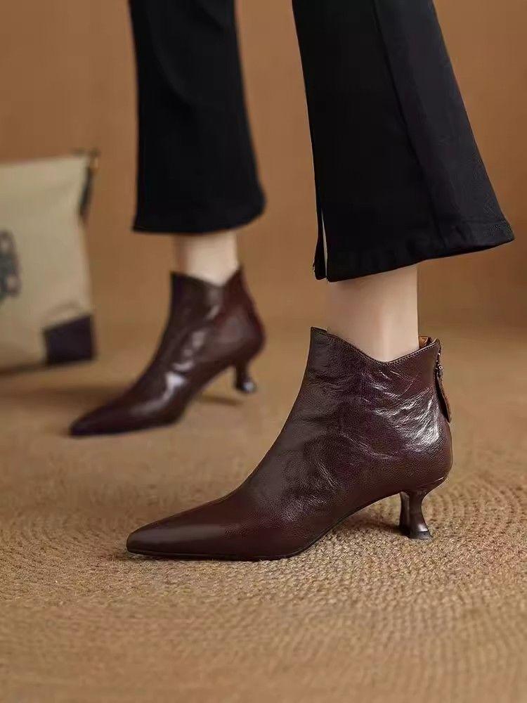 Fashion Elegant with Medium Heels Booties Autumn Winter Fleece-Lined Female Short Shoes Pointed Toe Leather Chelsea Women's Ankle Boots