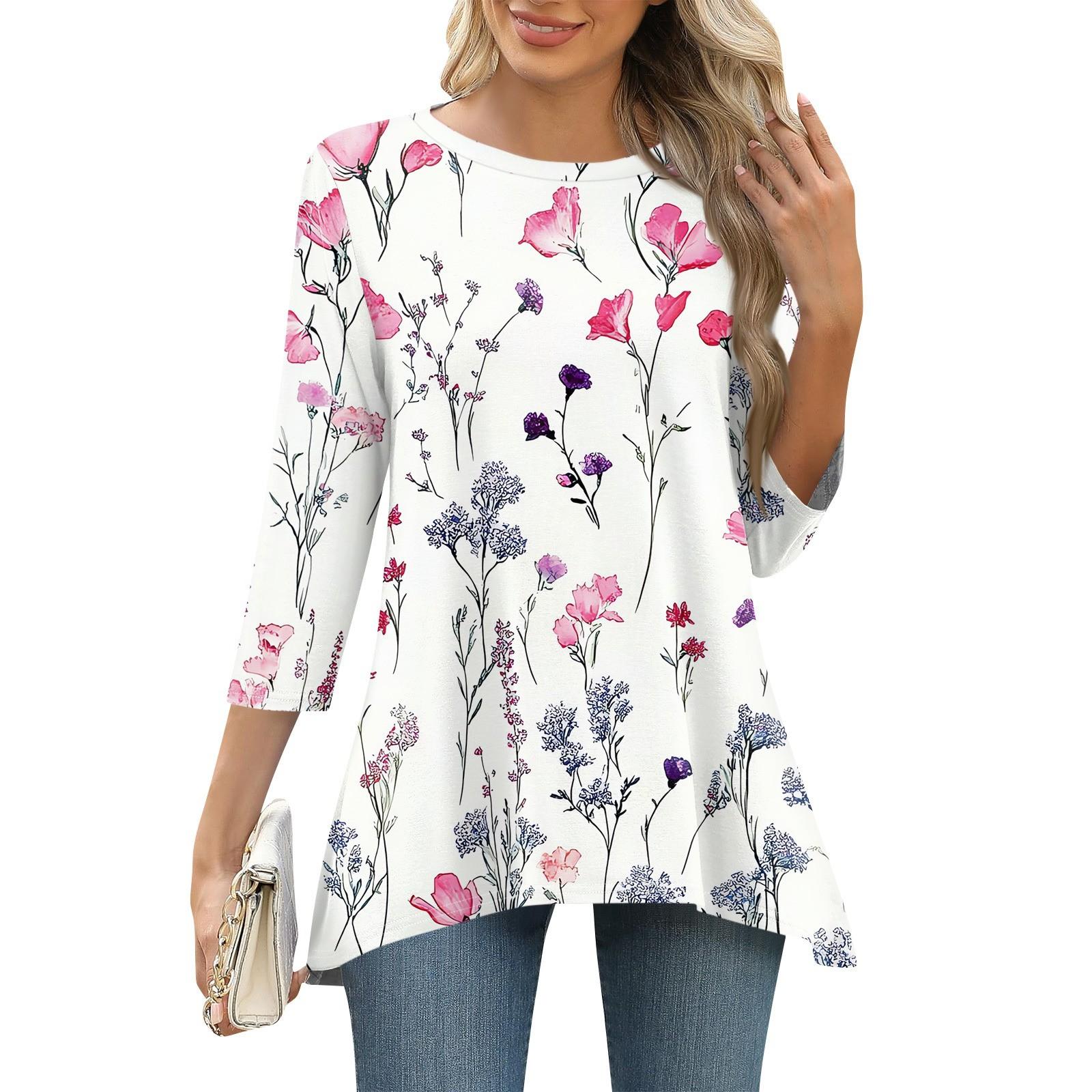 

3/4 рукав туника топы для женщин принтованный повседневный выходной свободный крой модная базовая футболка с круглым вырезом XL