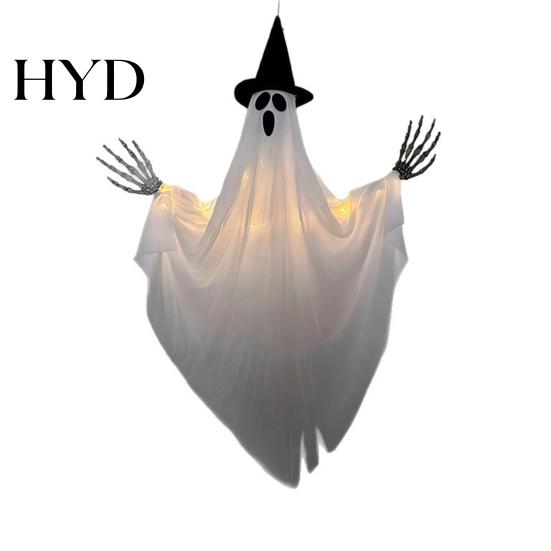 Haunted House Props Halloween Hanging Ghost with Witch Hat, Light Up Spooky Lighted Yard Outdoor Decor for Porch Tree, Scene Ornament Eerie Glow