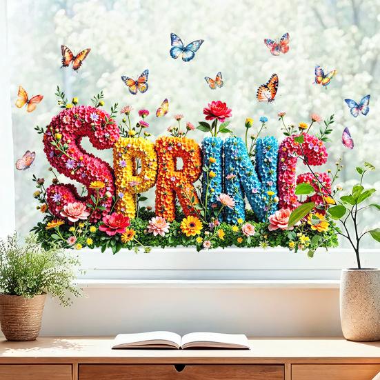 Spring Window Cling Double-Sided Butterfly Letter Sticker Waterproof PVC Static Glass Colorful Flower Holiday Party Window