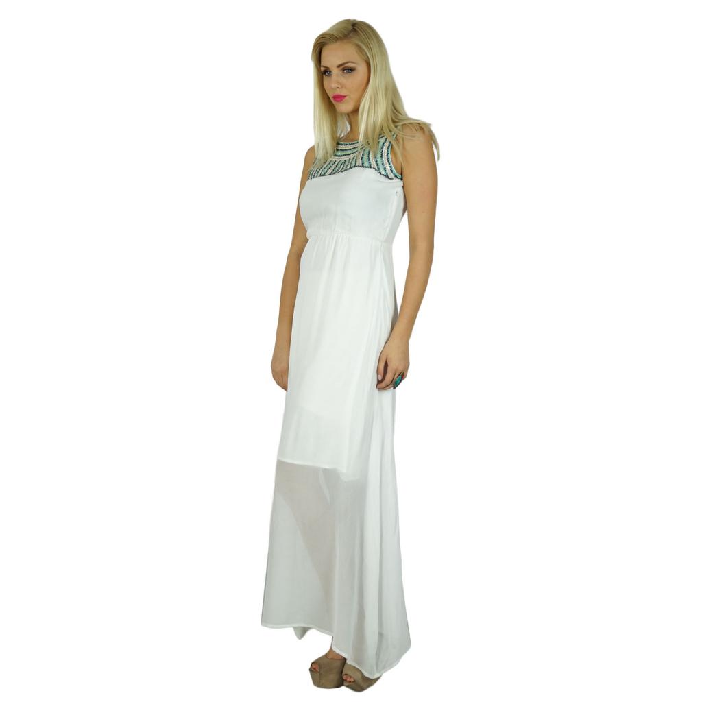 Bimba Women White Long Maxi Dress Half Lined With Beaded Neckline