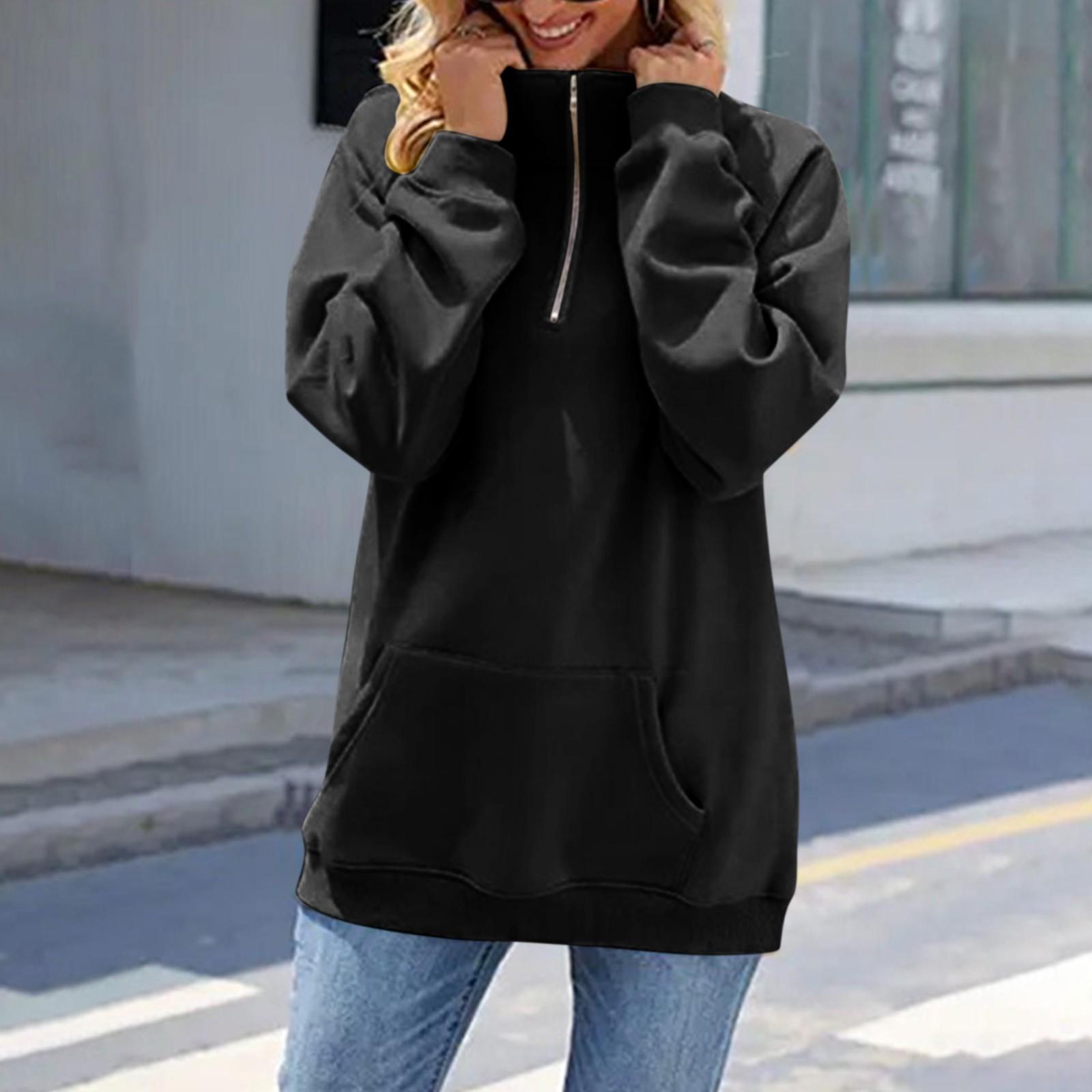 Women s Long Sleeve Pullover Sweatshirt Half Zip Stand Collar Pocket Casual Loose Fit Lightweight Top L чёрный