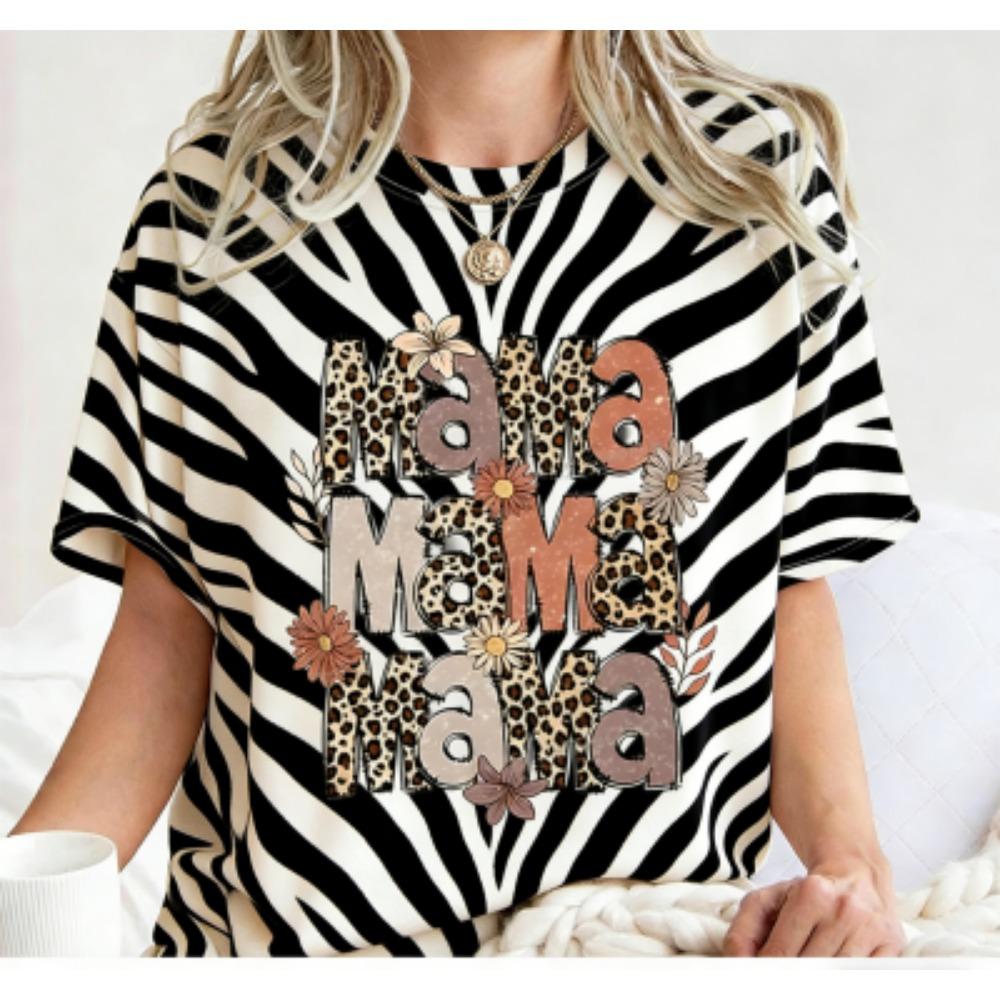 Funny Striped Flower Leopard Mama Print Kids Short Sleeves T-Shirt Loose Casual Summer Outdoor Street Boy and Girl Tees Tops