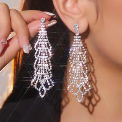 Geometric Design Long Rhinestone Earrings Fashionable Match Shiny Earrings Bridal Earrings Women's Earrings 1 Pair