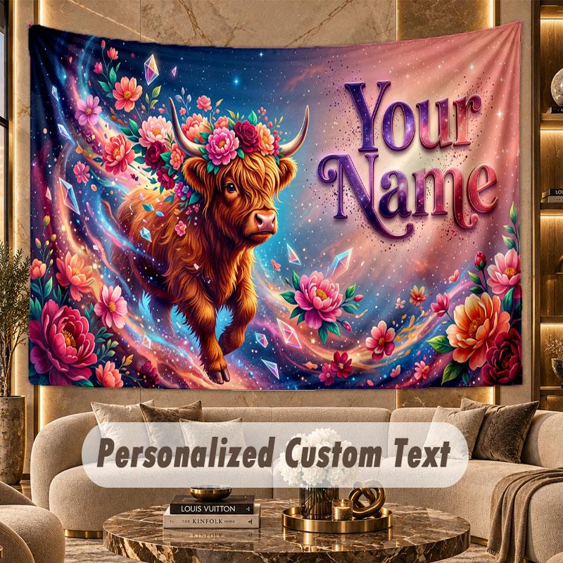 Highland Cow (68) Theme Personalized Tapestry Custom Name Text Wall Hanging Tapestry Home Background Decoration