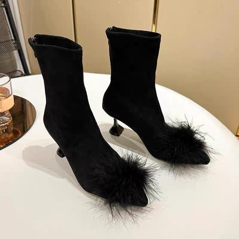 

Back Zip Stiletto Booties Fall New Pointed Toe Non-Slip Wear-Resistant Plush Pumps 40
