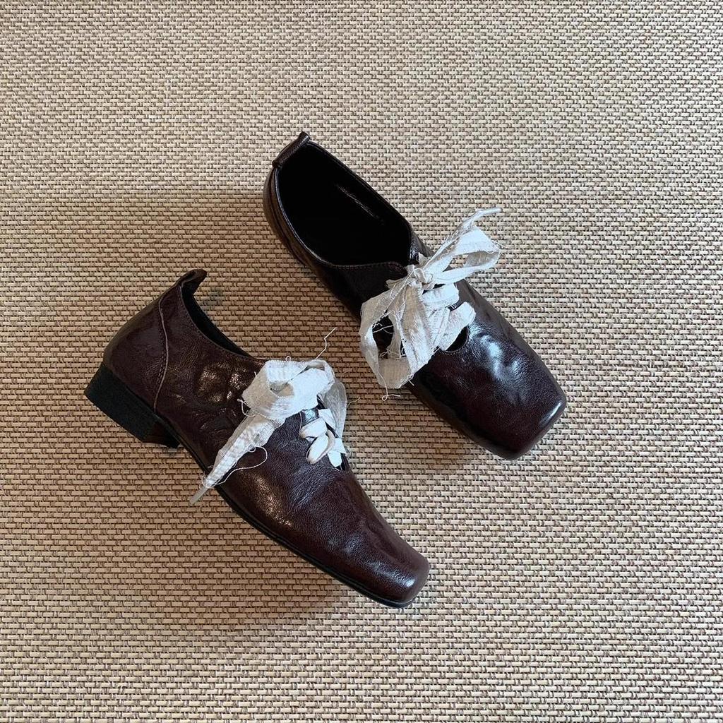 Retro Square Toe Chunky Heel Leather Ballet Shoes for Women