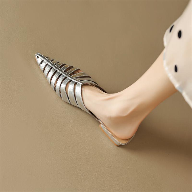 Fashion NEW Summer Sheepskin Women Slippers Casual Shoes for Women Pointed Toe Low Heel Slippers Hollow Out Women Sandals Size 34-43