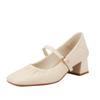 Sheepskin square head thick heel single shoes women's medium heel soft leather grandma shoes one-word buckle Mary Jane shoes spring and autumn