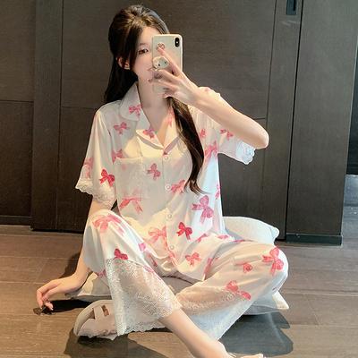 Butterfly Ice Silk High Value Temperament Lace Edge Pajamas Women'S Summer Short Sleeve Suit Loungewear