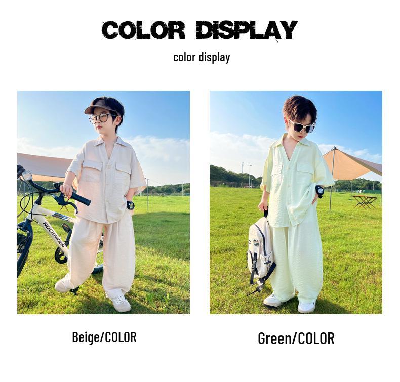 Boys' Summer 2026 Casual Korean Style Two-Piece Set – Short Sleeve & Long Pants