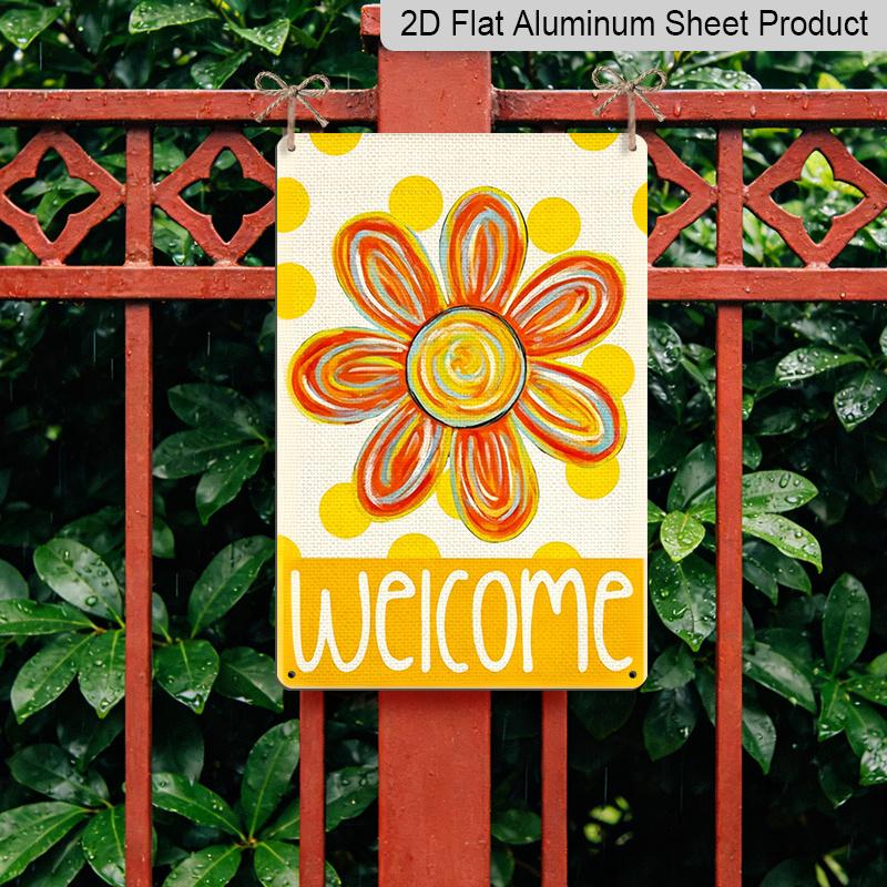 2D Flat, 1pc Colorful "Welcome" Flower Metal Wall Art Sign - 8*12 Inch Aluminium Boho Floral Decor, Polka Dot Orange Flower Plaque, Perfect for