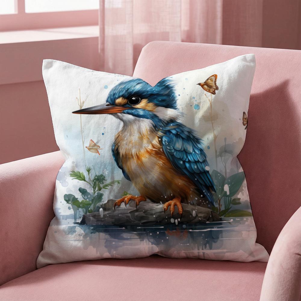 Kingfisher Watercolor Painting Cushion Cover Multi-Scene Pillow Cover for Home & Car - Reversible, Soft & Durable for Daily Use